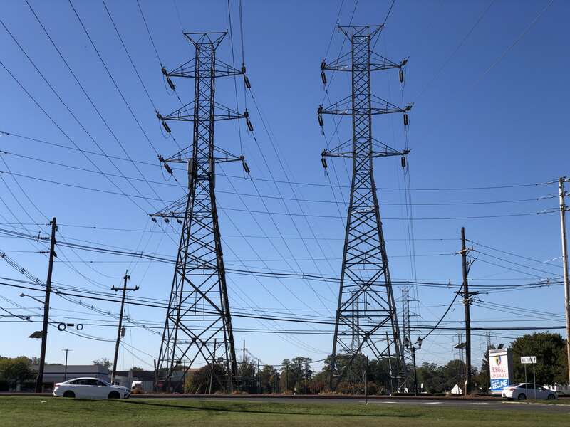 High-voltage electrical pylons viewed from Irvington Place between South Clinton Avenue and U.S. Route 206 (South Broad Street) in Hamilton Township, Mercer County, New Jersey