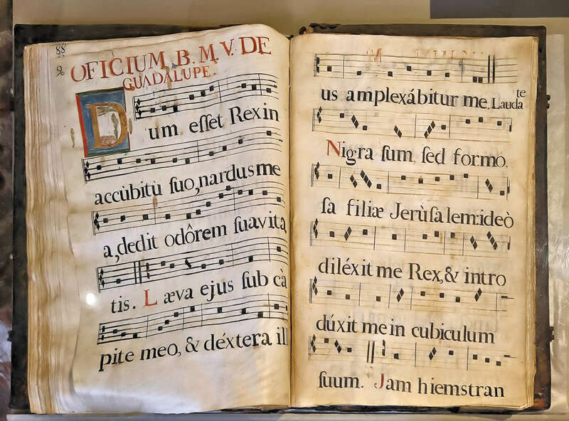 Late 16th century antiphonary used at Mission San Luis Rey.  It was created in New Spain on parchment with gilt decoration and bound in leather on wood.  On display at Mission San Luis Rey, Oceanside, California, USA.