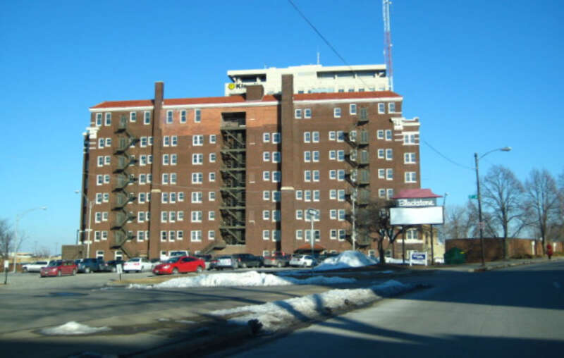 Side of the Blackstone Hotel, located at 302 S. Thirty-sixth Street in Omaha, Nebraska, United States.  Built in 1916, the hotel is listed on the National Register of Historic Places.