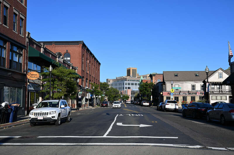 Brighton Center in Brighton, looking east down Washington St