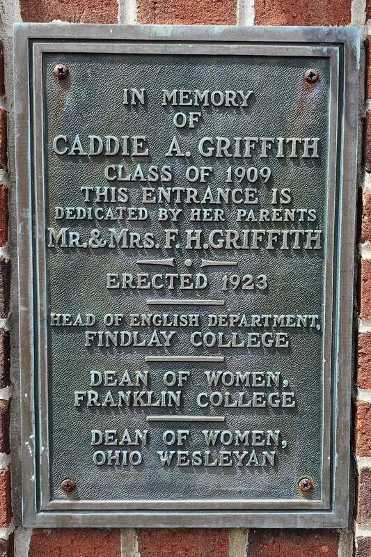 Plaque honoring Caddie A. Griffith, affixed to the entrance arch at the University of Findlay in Findlay, Ohio