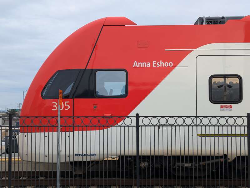 The cab car 305 (in the 305/306 consist) is named Anna Eshoo in recognition of the US Representative's support to implement the Peninsula Corridor Electrification Project. This northbound train was photographed from the southbound platform at San