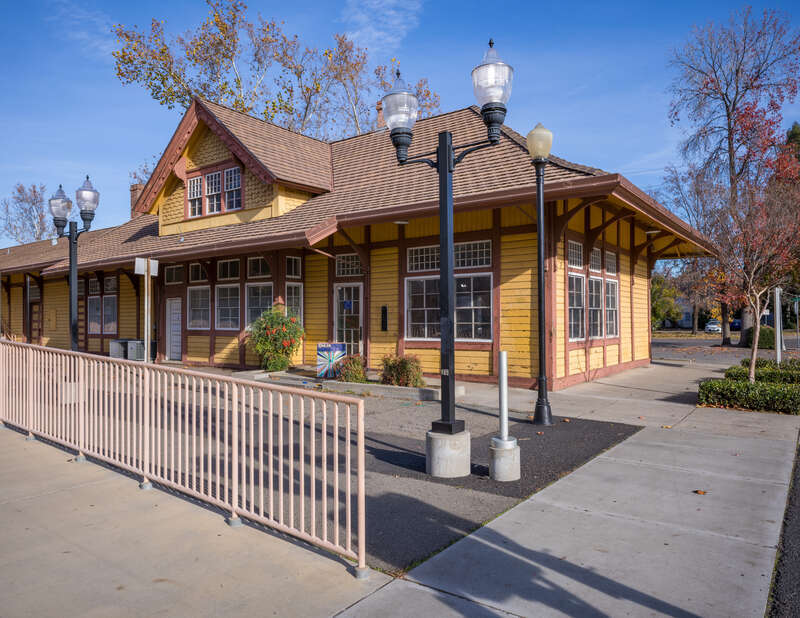 Chico station, an intercity rail station in the South Campus Neighborhood of Chico, California, on December 9, 2023. The station was listed in the National Register of Historic Places in 2014.