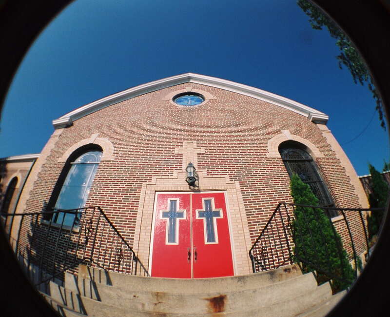 Church steps and doors at St. Mary of the Lake, New Buffalo, Michigan.  Fisheye 2 with Fuji Pro 800Z color negative film.