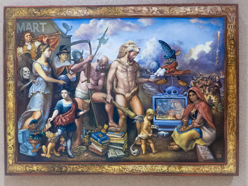 Oil on canvas work of the artist Patrick McGrath Muñíz, b. 1975. The curation card explained that he creates &quot;historic puzzles linking disparate images from history and art history, popular culture, Christianity, European and Native American