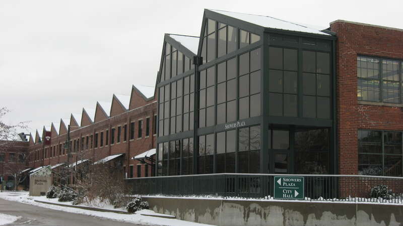 Western front of the former Showers Brothers Furniture Factory (now City Hall), located at 401-405 N. Morton Street in Bloomington, Indiana, United States.  Built in 1909, it is a part of the Bloomington West Side Historic District, a historic