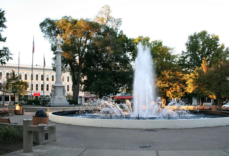 Ely Park in Elyria, Ohio, United States, with fountain and Civil War memorial. This sculpture was created by Joseph Carabelli (1850-1911), and erected in 1888 (See: Civil War Memorial; Elyria, OH, Ohio Outdoor Sculpture Inventory).
