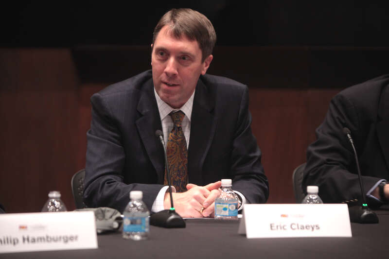 Eric Claeys speaking with attendees at an event titled &quot;New Challenges to Constitutional Law&quot; hosted by the Arizona State University Center for Political Thought &amp;amp; Leadership at the Sandra Day O'Connor College of Law in Tempe, Arizona.

Please
