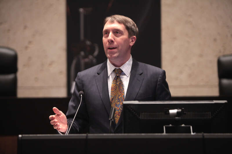 Eric Claeys speaking with attendees at an event titled &quot;New Challenges to Constitutional Law&quot; hosted by the Arizona State University Center for Political Thought &amp;amp; Leadership at the Sandra Day O'Connor College of Law in Tempe, Arizona.

Please