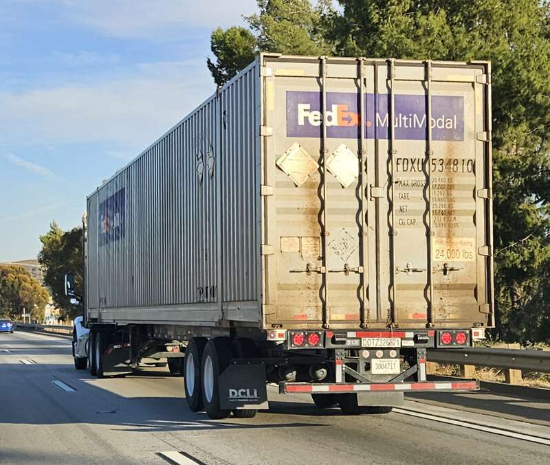 FedEx Multimodal Container on a semi trailer on California State Route 60, Monterey Park, CA.