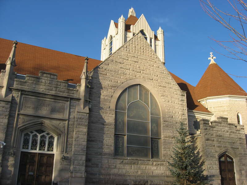 Front of First Presbyterian Church, located at 221 E. Sixth Street in Bloomington, Indiana, United States.  Designed by Crapsey and Lamm, it was built in 1903, and it is part of the locally-designated Old Library Historic District.