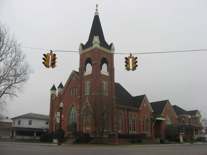 Front and northern side of the First Presbyterian Church of Ada, Ohio, United States, located at 201 S. Main Street (State Route 235).  It was built in 1890.