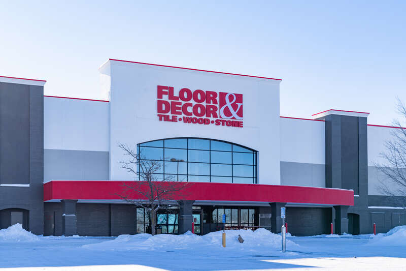 The Floor &amp;amp; Decor retail store at The Shoppes at Arbor Lakes, 12575 Elm Creek Boulevard North in Maple Grove, Minnesota, on a snowy winter day.