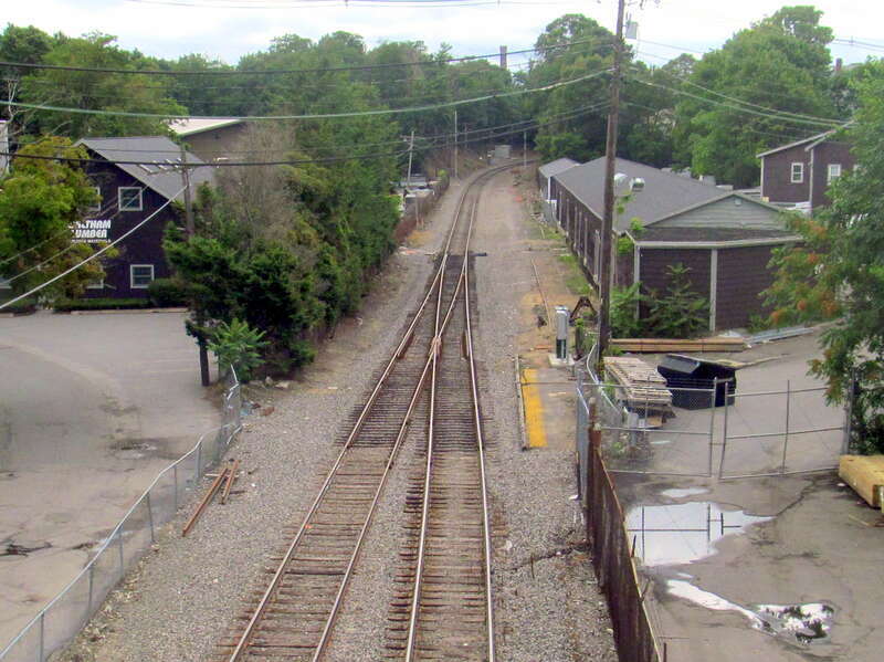 The abandoned Beaver Brook platform viewed from the Main Street (Route 20) bridge in July 2015