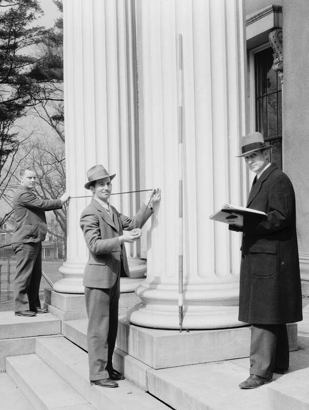 Historic American Buildings Survey team, measuring the Kentucky School for the Blind, 1867 Frankfort Avenue, Louisville, Jefferson County, KY.  Image has been cropped to highlight architects at work.