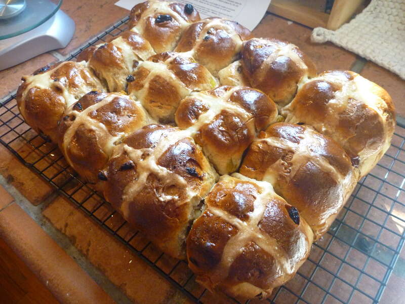 Hot Cross Buns on a wire rack.