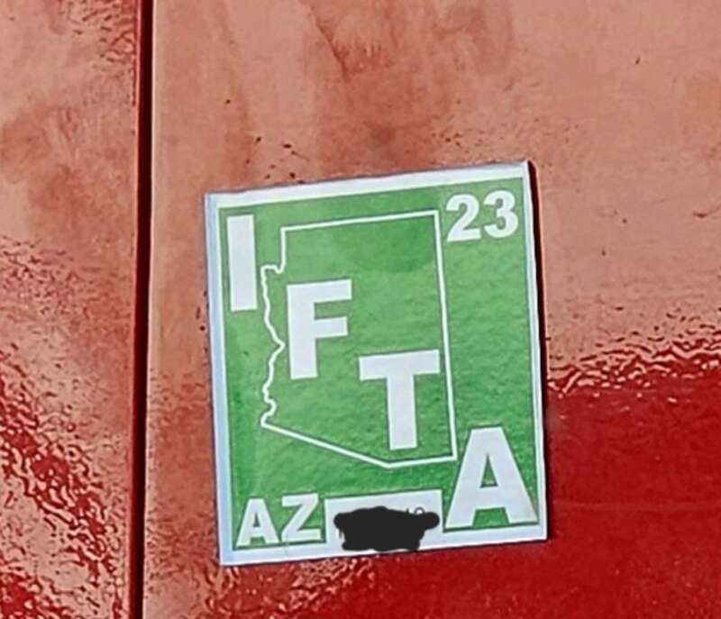 Decal on a commercial truck for the International Fuel Tax Agreement program.