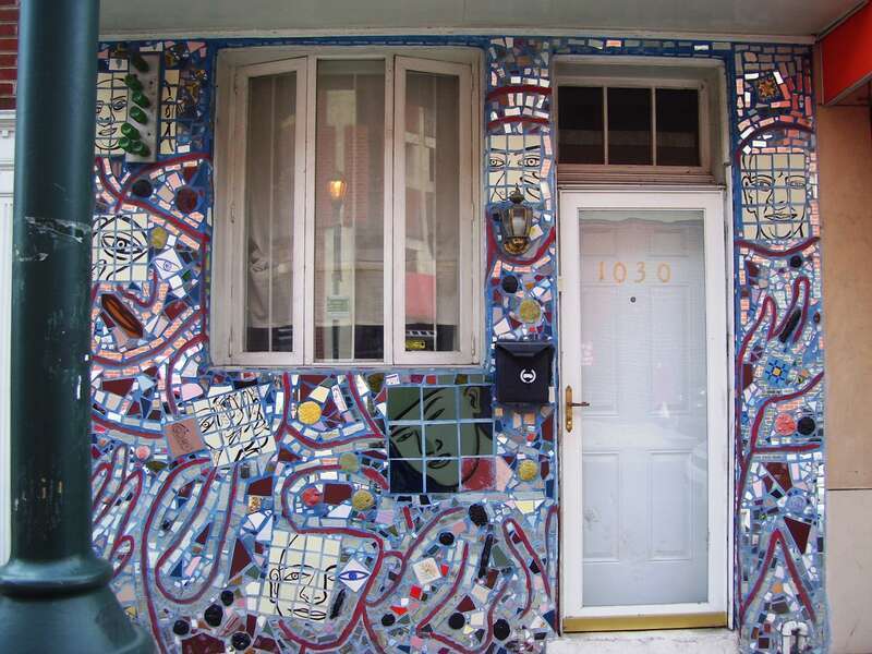 A mural by Isaiah Zagar on the front of 1030 South Street, near Zagar's Magic Gardens at 1020 South Street in Philadelphia, Pennsylvania.  Zagar built the gardens in a vacant lot near his studio in 1994 and spent 14 years working on it. When the