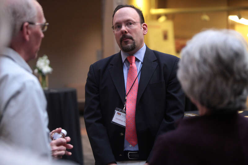 Jonathan H. Adler speaking with attendees at an event titled &quot;New Challenges to Constitutional Law&quot; hosted by the Arizona State University Center for Political Thought &amp;amp; Leadership at the Sandra Day O'Connor College of Law in Tempe,