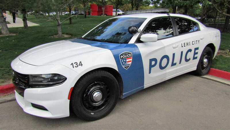 Automobile of the Lehi City Police parked in Thanksgiving Point, Utah.