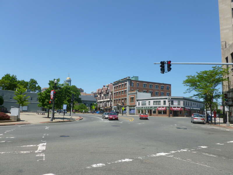 Looking north at the southern intersection of Hancock Street and Granite Street in Quincy, Massachusetts.