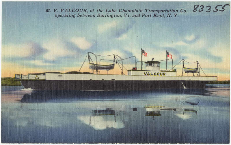 File name: 06_10_002175
Title: M. V. Valcour, of the Lake Champlain Transportation Co., operating between Burlington, Vt. and Port Kent, N.Y.
Created/Published: "Tichnor Quality Views", Reg,U.S.Pat.Off., Made Only by Tichnor Bros., Inc., Boston,