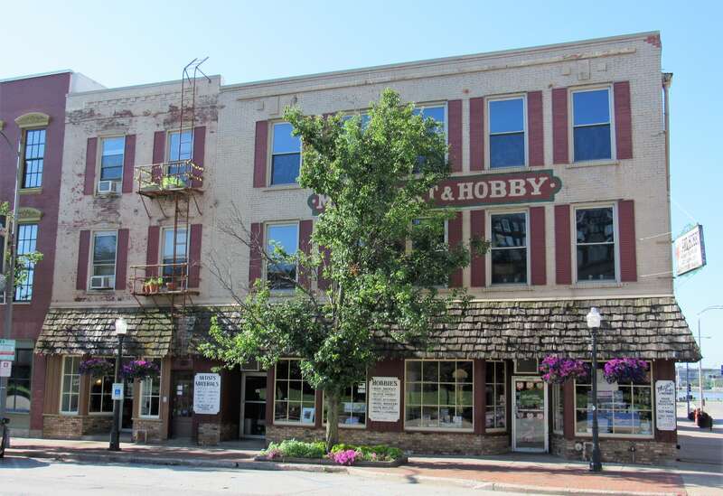 Major Art &amp;amp; Hobby Center in downtown Davenport, Iowa. These two buildings are contributing properties in the Davenport Motor Row and Industrial Historic District, Davenport, Iowa. They were part of Reimers &amp;amp; Fernald Candy Manufacturers