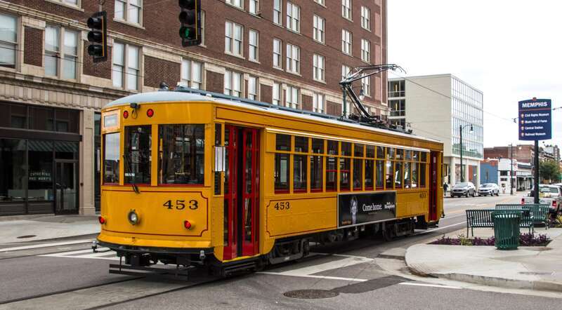 Memphis' MATA Trolley car 453 southbound on South Main Street at Dr. Martin Luther King Jr. Avenue. Car 453 is a double-truck Birney replica built in 2004 by the Gomaco Trolley Company.