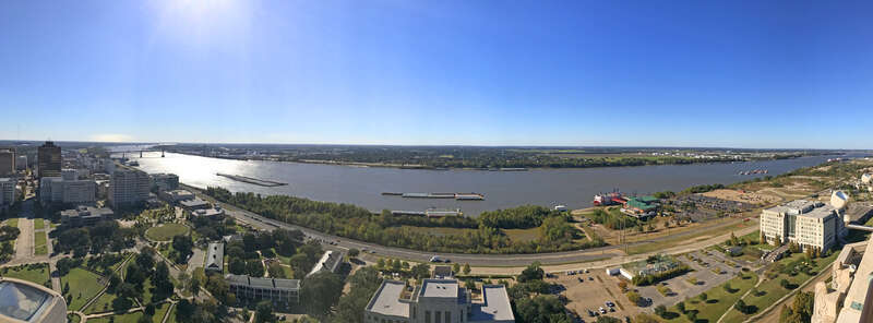 Panoramic of the Mississippi River in downtown Baton Rouge, LA, taken from the observation deck of the State Capitol.
