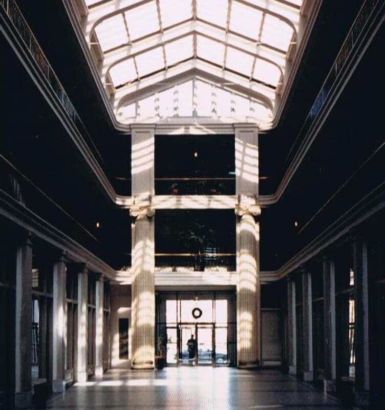 Interior of Monticello Arcade, Norfolk, Virginia, USA. Decorated for Christmas, December 1985.