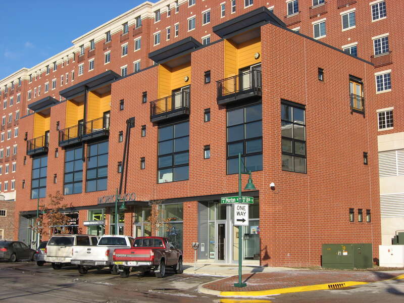 Front and southern side of the building located at 400 N. Morton Street in Bloomington, Indiana, United States.  Built in 2007, it occupies the site of a building built in 1950 that was named a part of the Bloomington West Side Historic District, a