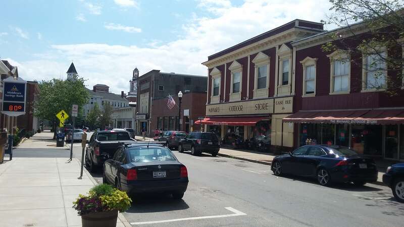 Nason Street in Maynard Massachusetts MA with the historic Maynard Outdoor Store