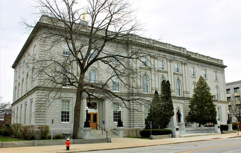 Rear elevation of the New Hampshire State House from Capitol Street in Concord.