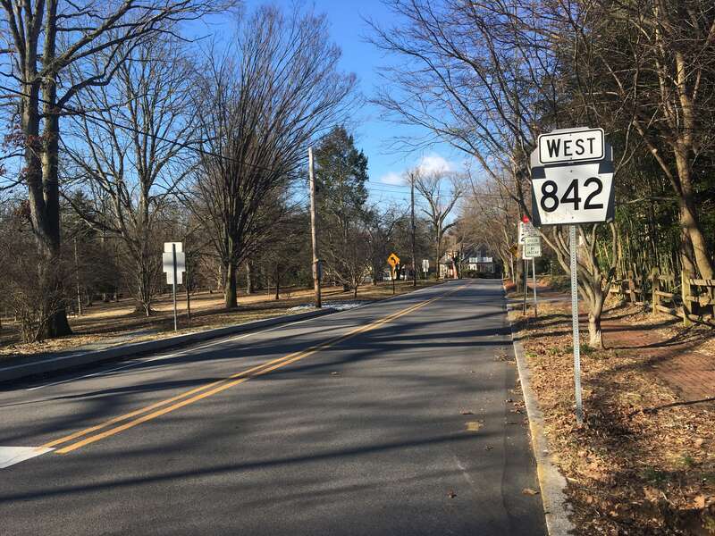 Westbound Pennsylvania Route 842 (Miner Street) past the intersection with Brandywine Street in West Chester, Pennsylvania