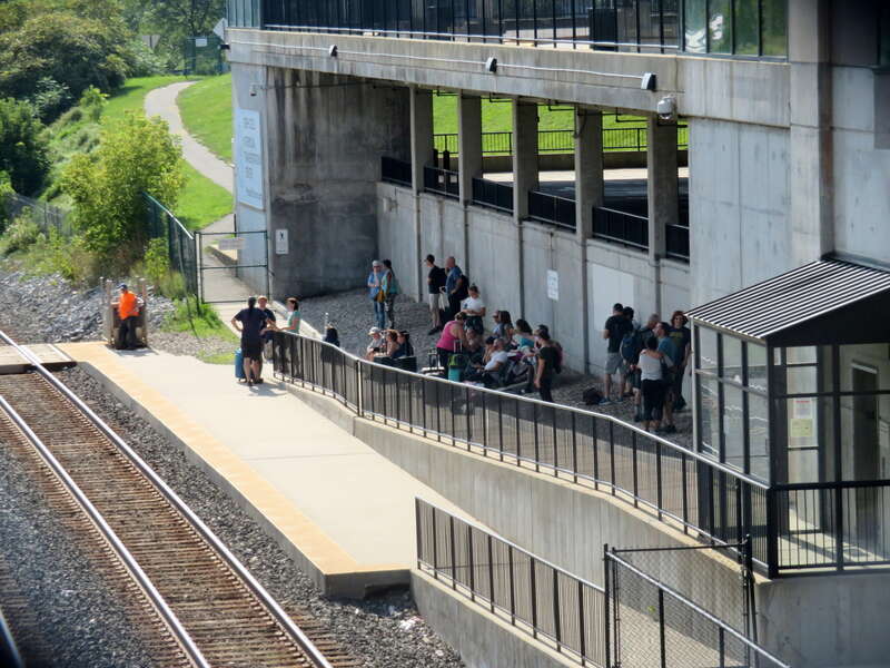 Passengers waiting for the eastbound Lake Shore Limited at the Joseph Scelsi Intermodal Transportation Center in Pittsfield in September 2018