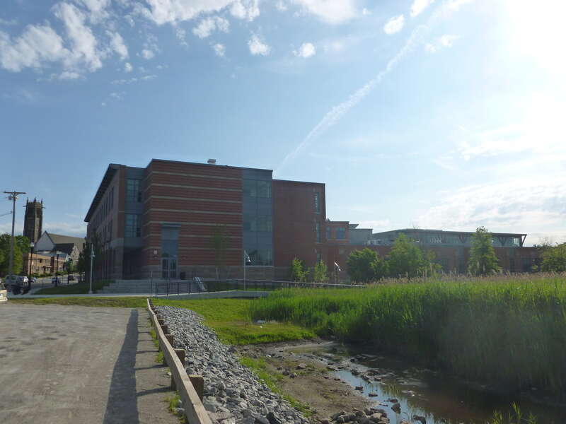 Quincy High School, located at 100 Coddington Street, Quincy, Massachusetts.  North side of building shown.