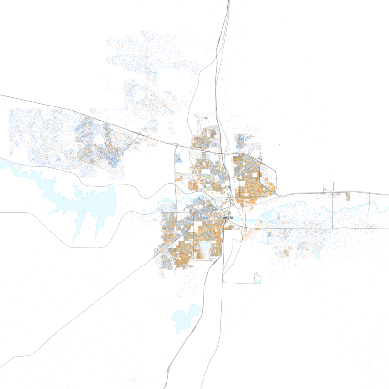 Map of the distribution of races and ethnicities in US cities, inspired by similar maps created by Dustin Cable and others.
Blue is White, Green is Black, Red is Asian, Orange is Hispanic, Purple is Multiracial, and Brown is Native American/Other.