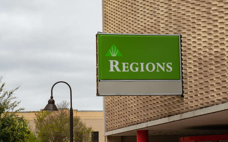 A Regions Bank financial institution branch in downtown Longview, Texas.
