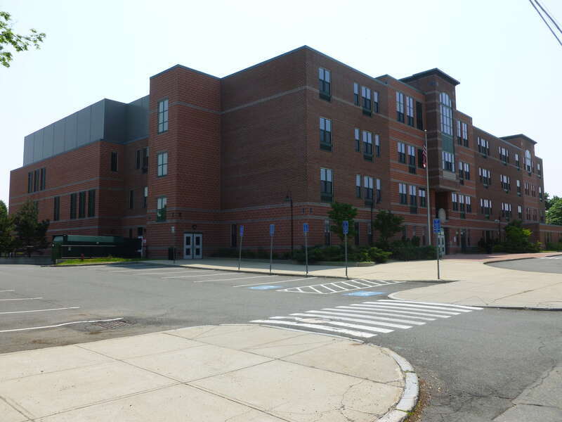 Roberts Elementary School, located at 35 Court Street, Medford, Massachusetts 02155.  North and west (front) sides of building shown.