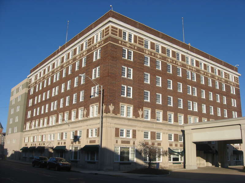 Front and western side of the Roberts Hotel, located at 420 S. High Street in Muncie, Indiana, United States.  Built in 1921, it is listed on the National Register of Historic Places.
