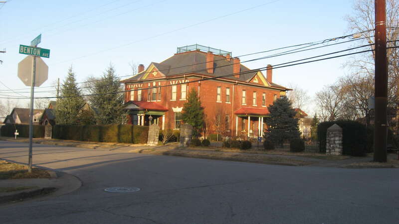 Front and western side of Robincroft, located at 746 Benton Avenue in Nashville, Tennessee, United States.  Built in 1908, it is listed on the National Register of Historic Places, and it is part of a Register-listed historic district, the Woodland