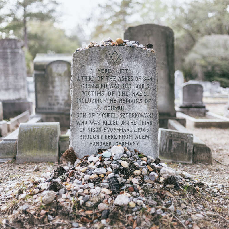 A holocaust memorial near Jewish Circle in the Bonaventure Cemetery near Savannah, Georgia. The headstone reads the following:
&quot;Here lieth a third of the ashes of 344 cremated sacred souls, victims of the Nazis, including the remains of Schmul son of