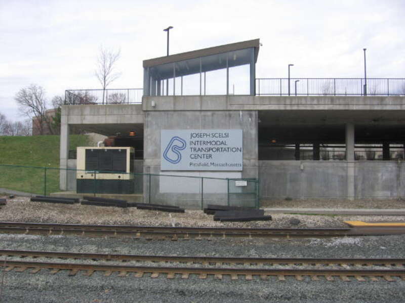 The platform and parking garage of the Joseph Scelsi Intermodal Transportation Center in Pittsfield, Massachusetts, USA.