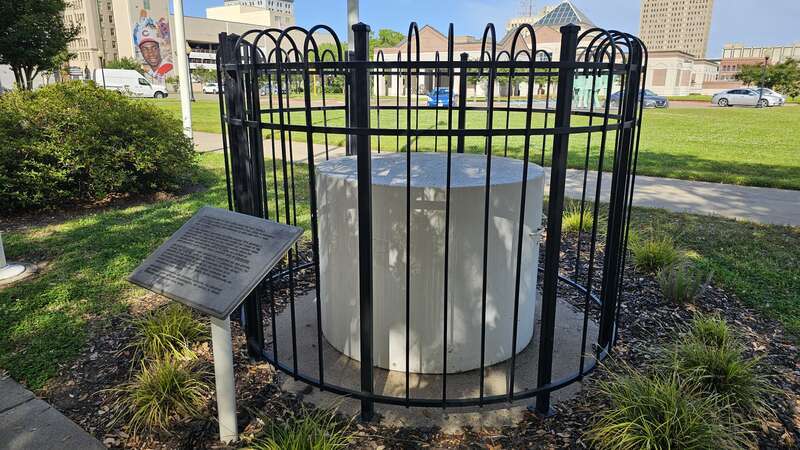 A seismometer fixed outside the front entrance of the Texas Energy Museum in downtown Beaumont, Texas