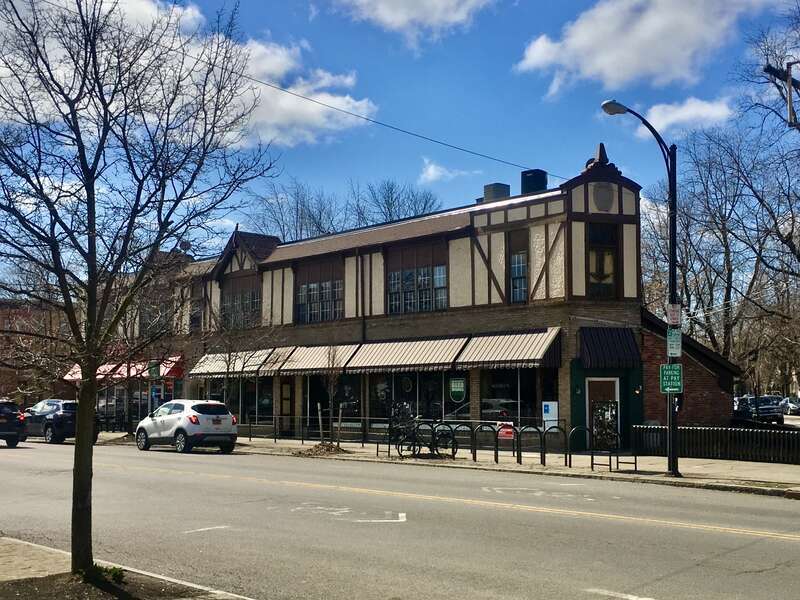 The Setel Building, 936 Elmwood Avenue at Bidwell Parkway, Buffalo, New York, March 2020. Though it was originally built as the private residence of attorney Isadore Setel (1890-1967), the building was quickly converted to retail and restaurant