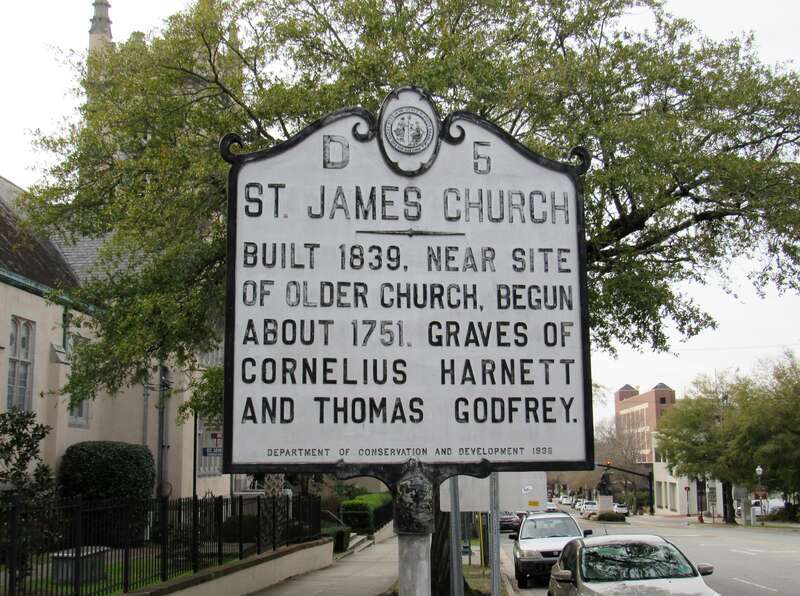 The historical marker at St. James Episcopal Church in Wilmington, North Carolina.