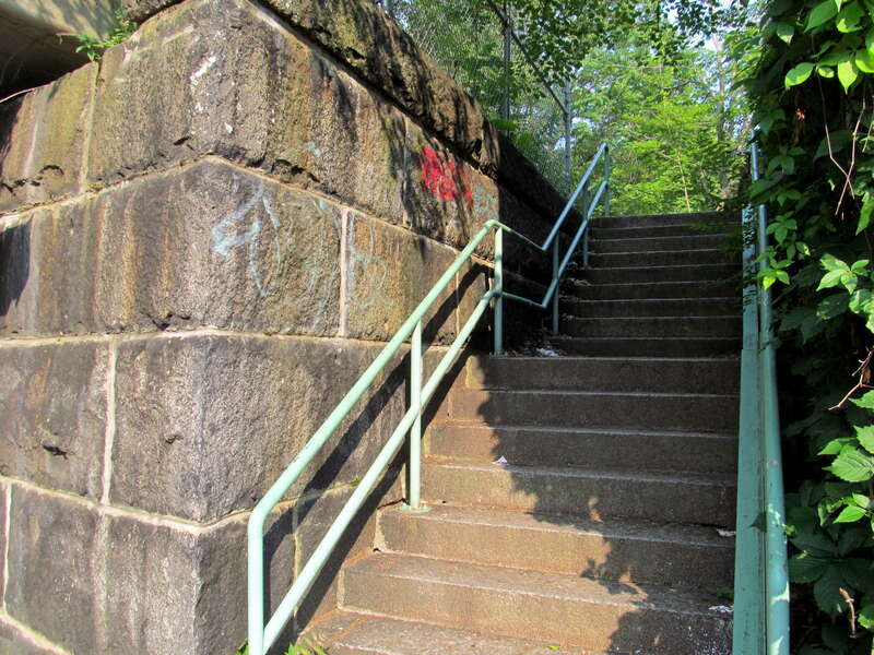 Stairs to the Minuteman Bikeway at the former Brattle station in July 2015