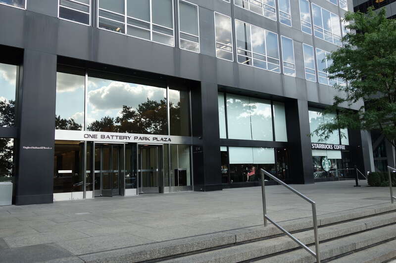 An entrance to One Battery Park Plaza on State Street between Bridge Street and Pearl Street in the Financial District, Manhattan.