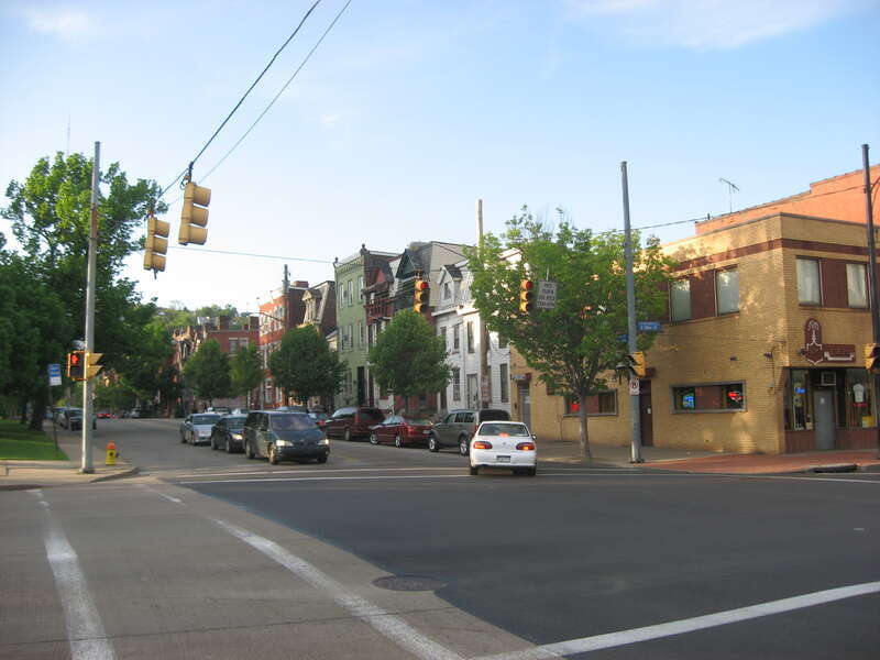 Buildings along Cedar Avenue north of its intersection with Ohio Street in the East Allegheny neighborhood of Pittsburgh, Pennsylvania, United States.  These buildings are part of the Deutschtown Historic District, which is listed on the National
