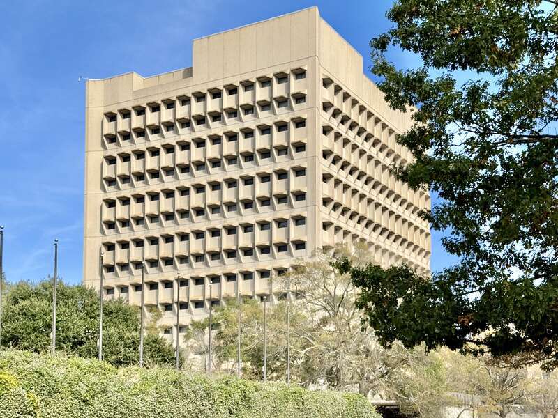 Built in 1975-1979, this Brutalist building was designed by Marcel Breuer to serve as a United States Courthouse and Federal office building for the city of Columbia, South Carolina.  The building served as a federal courthouse until 2003, when the